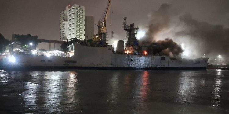 Indian Warship Damaged by Fire at Dockyard 
